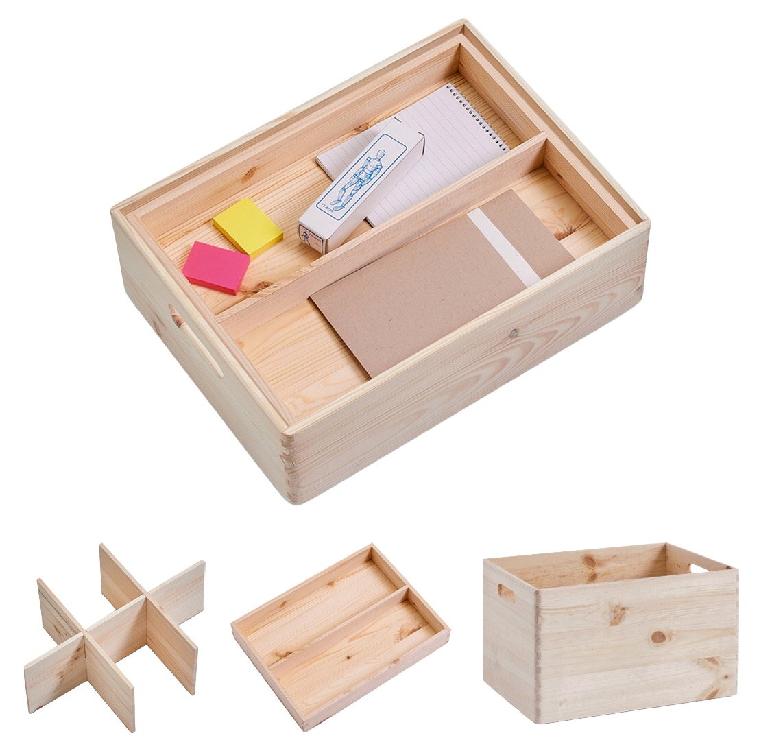 Allzweckkisten-Set aus Holz, bestehend aus drei Teilen: eine große Kiste mit Trennwänden, eine kleinere Kiste und ein Einsatz. Perspektive von oben.