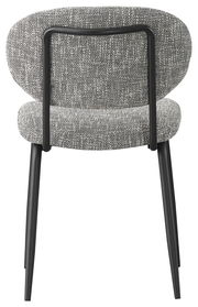Rückansicht eines modernen Stuhls mit grauem Stoffbezug und schwarzem Metallrahmen.