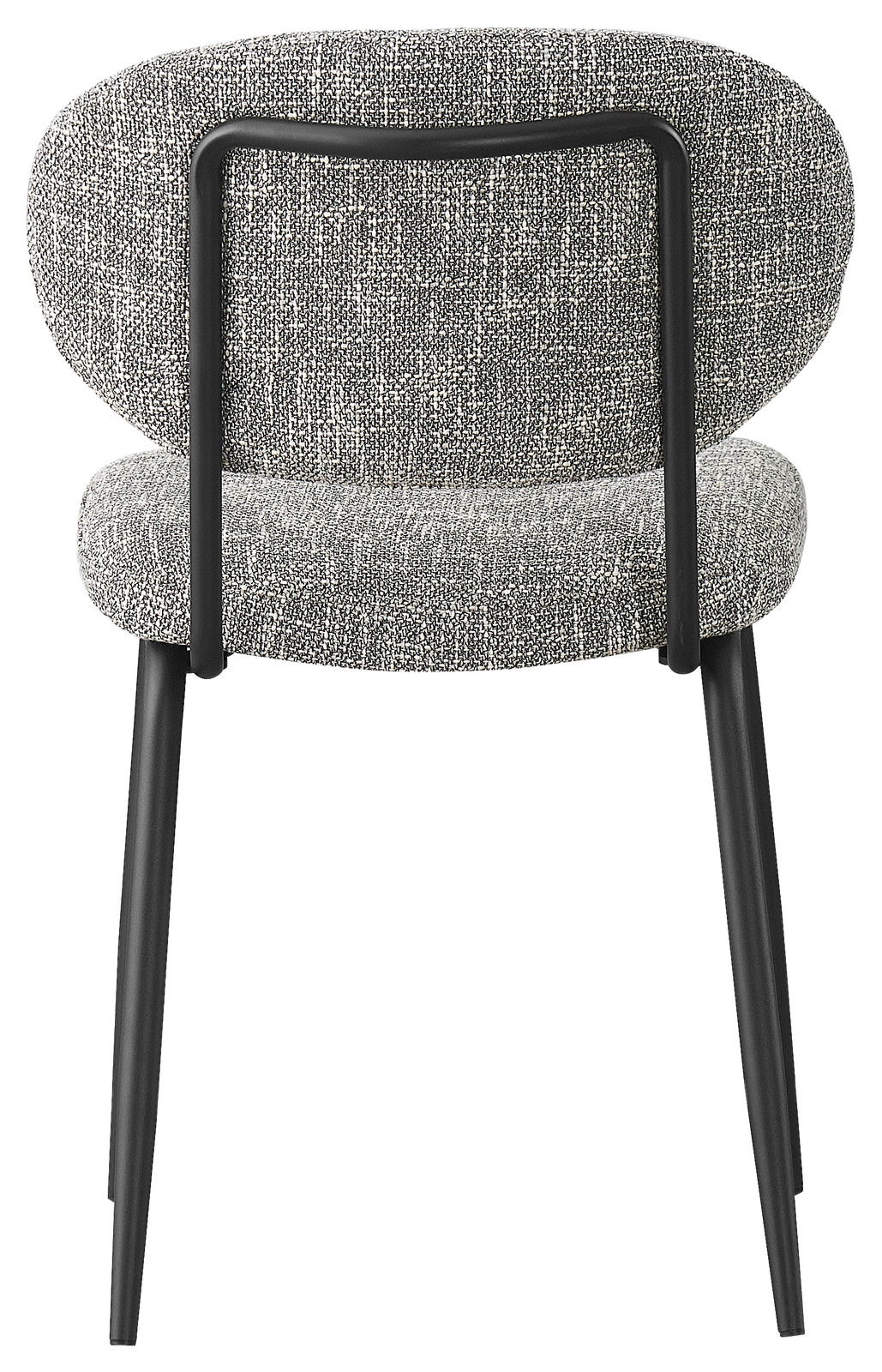 Rückansicht eines modernen Stuhls mit grauem Stoffbezug und schwarzem Metallrahmen.