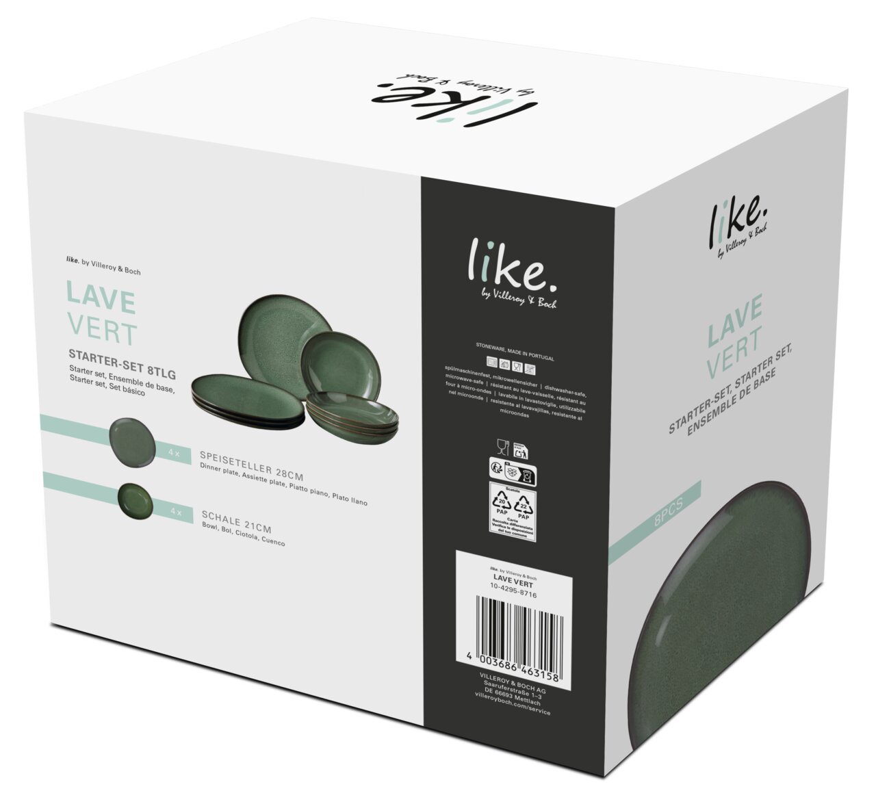 Starter-Set 8-teilig Lave Vert von Villeroy & Boch, bestehend aus 4 Speisetellern und 4 Schalen, in grüner Farbe, Verpackung in schräger Perspektive