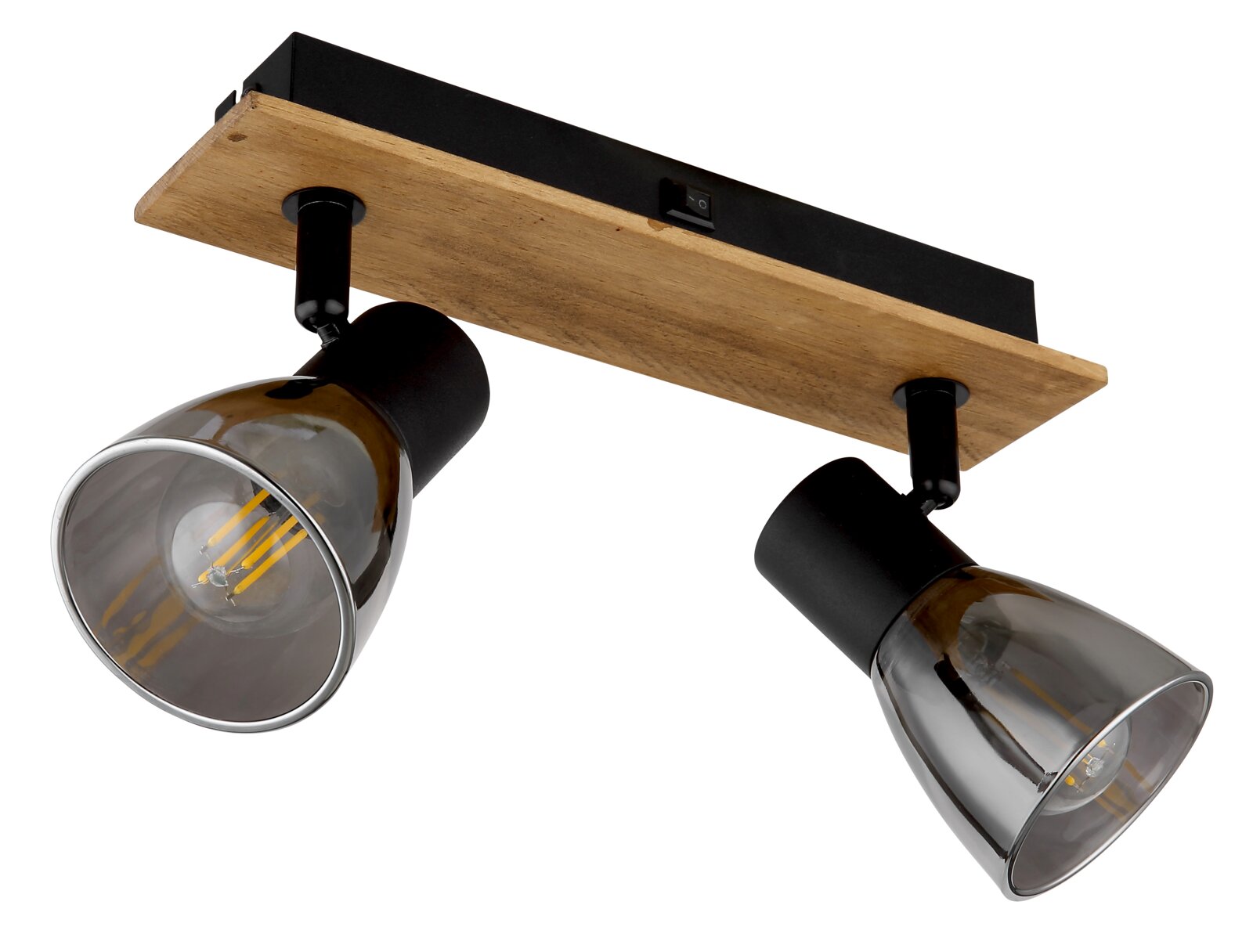Zweiflammiger Deckenstrahler mit Holzplatte und schwarzen Fassungen, seitliche Perspektive