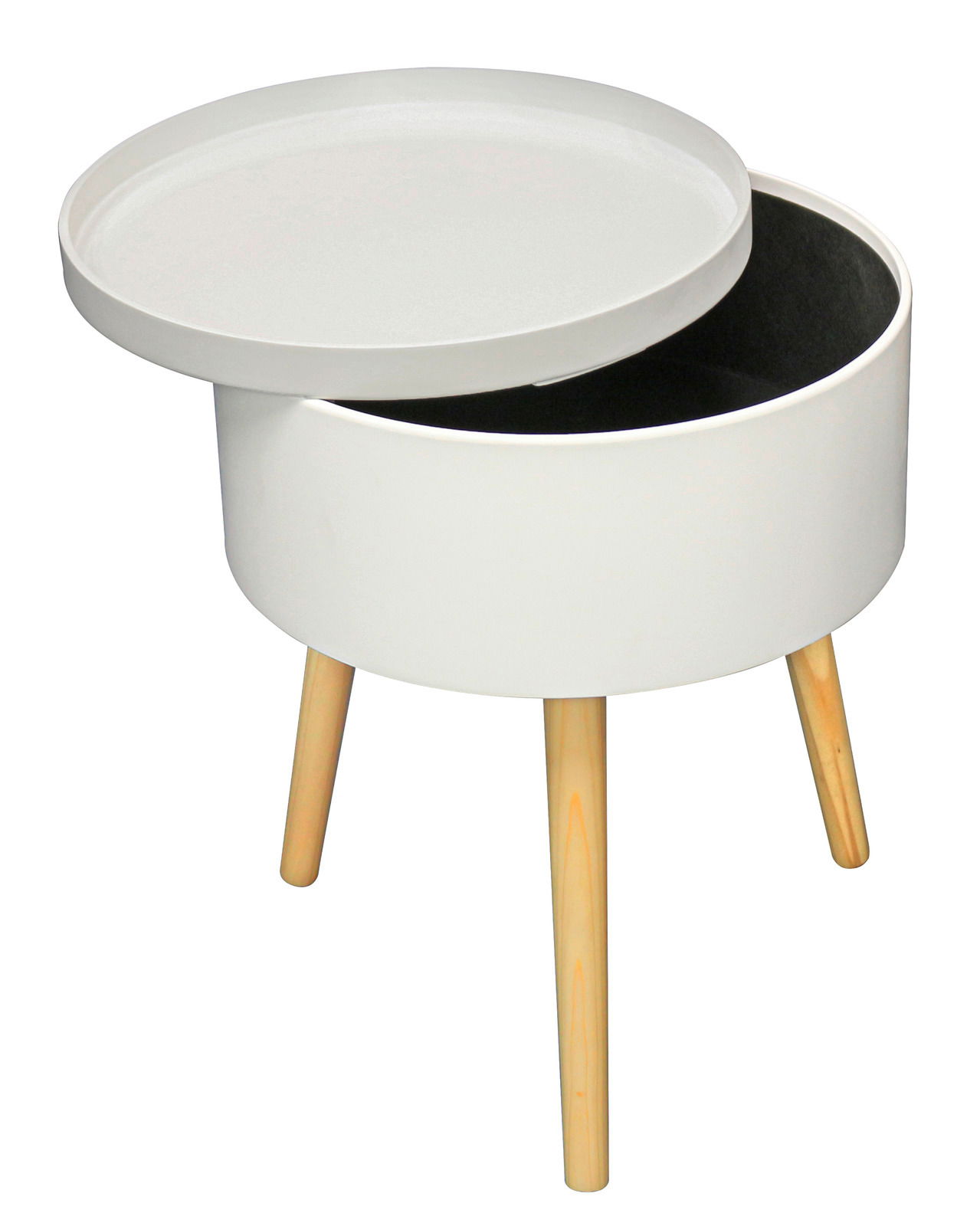 Weißer Beistelltisch mit abnehmbarem Tablett und Holzbeinen, seitliche Perspektive