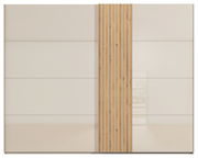 Schwebetürenschrank mit zwei Türen, eine in schlichtem Weiß und die andere mit vertikalen Holzstreifen, Frontalansicht.