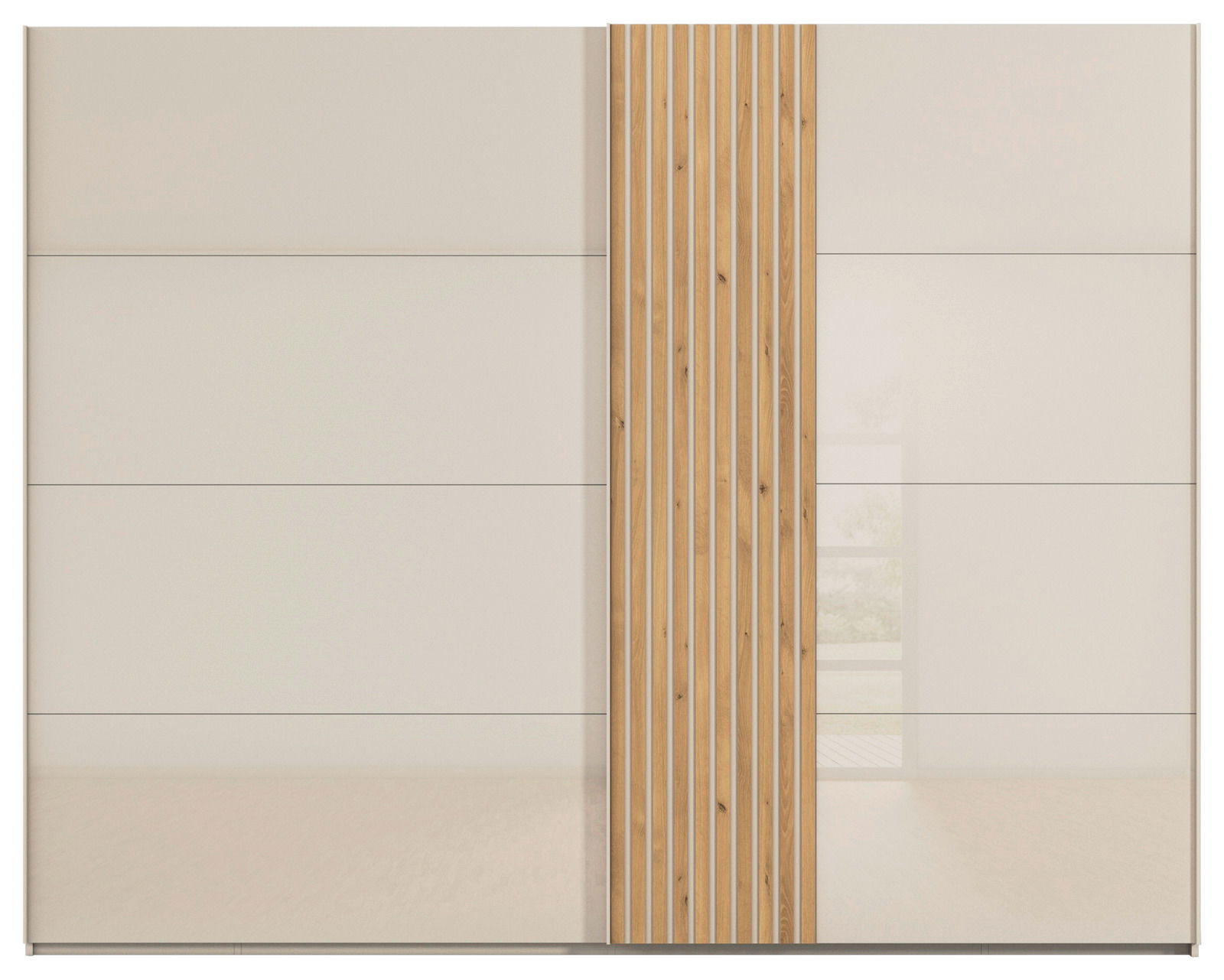 Schwebetürenschrank mit zwei Türen, eine in schlichtem Weiß und die andere mit vertikalen Holzstreifen, Frontalansicht.
