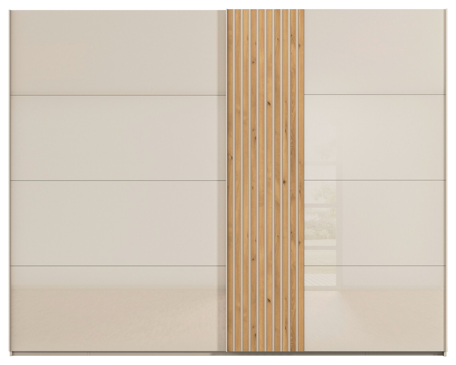 Schwebetürenschrank mit zwei Türen, eine in schlichtem Weiß und die andere mit vertikalen Holzstreifen, Frontalansicht.