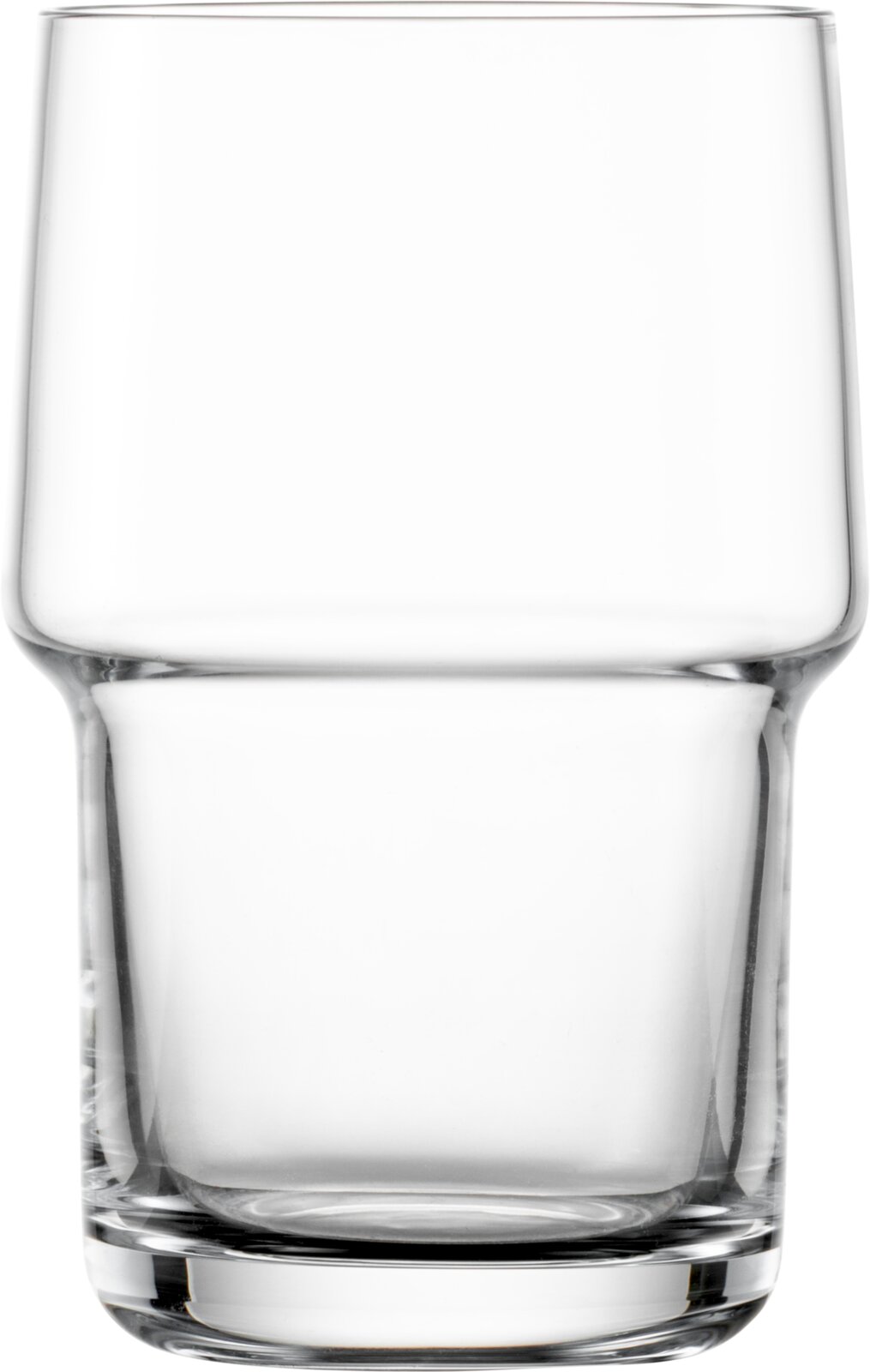 Transparant drinkglas met dikke bodem en licht taps toelopende vorm, frontale aanzicht op witte achtergrond