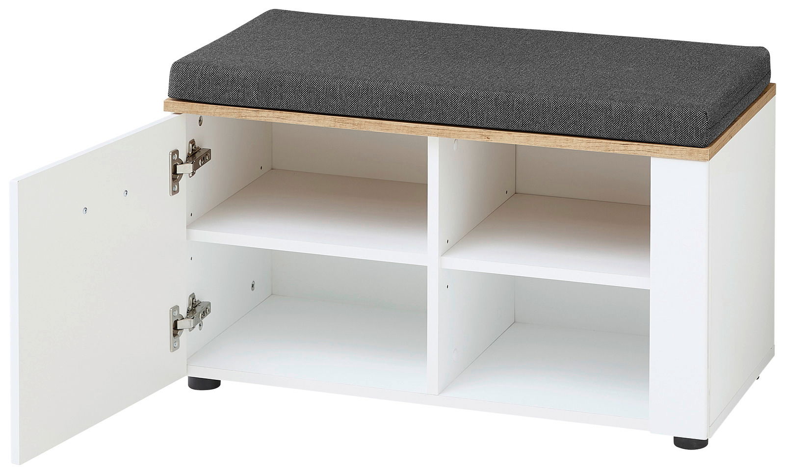 Garderobenbank mit offenem Fach und geöffneter Tür, seitliche Perspektive