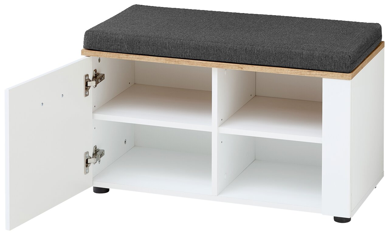 Garderobenbank mit offenem Fach und geöffneter Tür, seitliche Perspektive