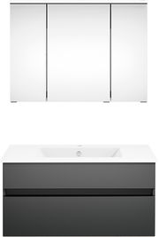 Frontale Ansicht einer modernen Badkombination mit einem weißen Spiegelschrank und einem grauen Waschtischunterschrank.