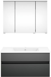 Frontale Ansicht einer modernen Badkombination mit einem weißen Spiegelschrank und einem grauen Waschtischunterschrank.