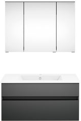 Frontale Ansicht einer modernen Badkombination mit einem weißen Spiegelschrank und einem grauen Waschtischunterschrank.
