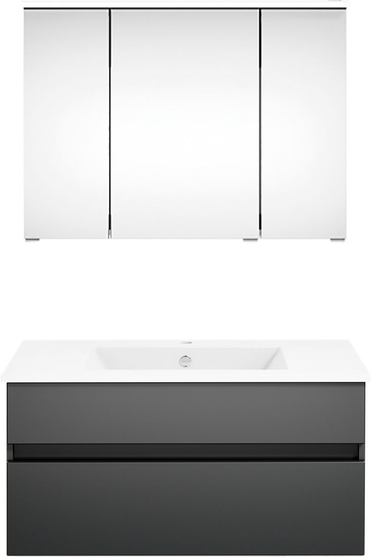Frontale Ansicht einer modernen Badkombination mit einem weißen Spiegelschrank und einem grauen Waschtischunterschrank.