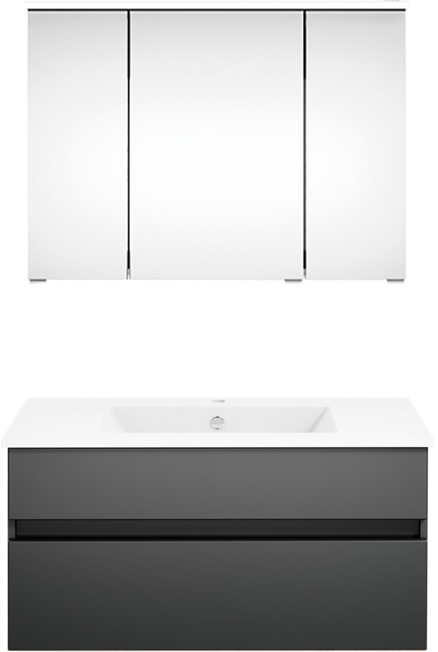 Vooraanzicht van een moderne badkamercombinatie met een witte spiegelkast en een grijze wastafelonderkast.