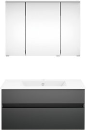 Frontale Ansicht einer modernen Badkombination mit einem weißen Spiegelschrank und einem grauen Waschtischunterschrank.