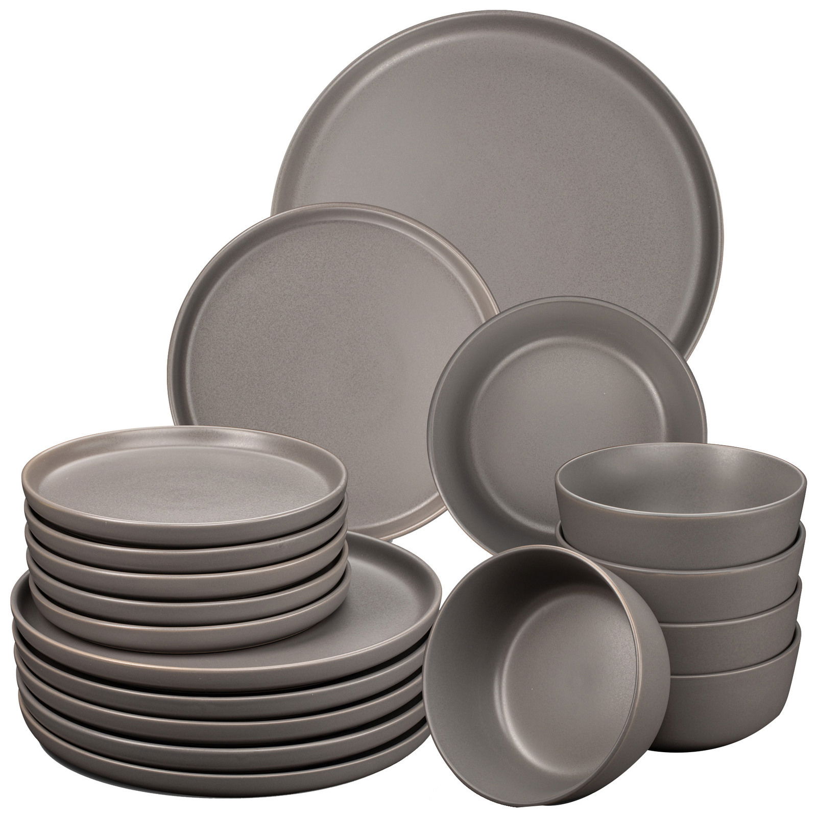 Graues Geschirrset Nordic, 18-teilig, bestehend aus Tellern und Schalen, frontal abgebildet