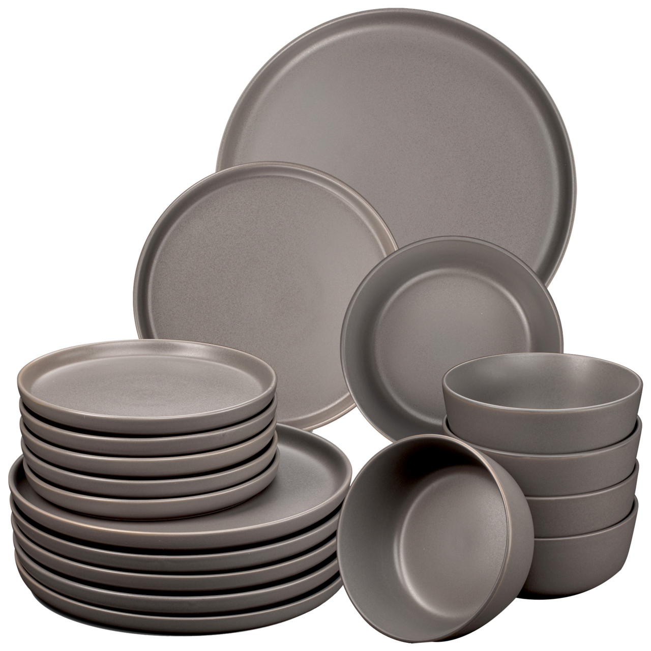 Graues Geschirrset Nordic, 18-teilig, bestehend aus Tellern und Schalen, frontal abgebildet