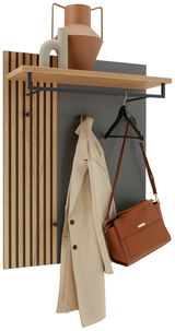 Garderobenpaneel mit Holzlatten, Kleiderhaken, Ablage und Hängemöglichkeiten, seitliche Perspektive
