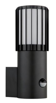 Schwarze Außenwandleuchte mit zylindrischem Diffusor und Schutzgitter, mit integriertem Bewegungsmelder, frontale Produktansicht