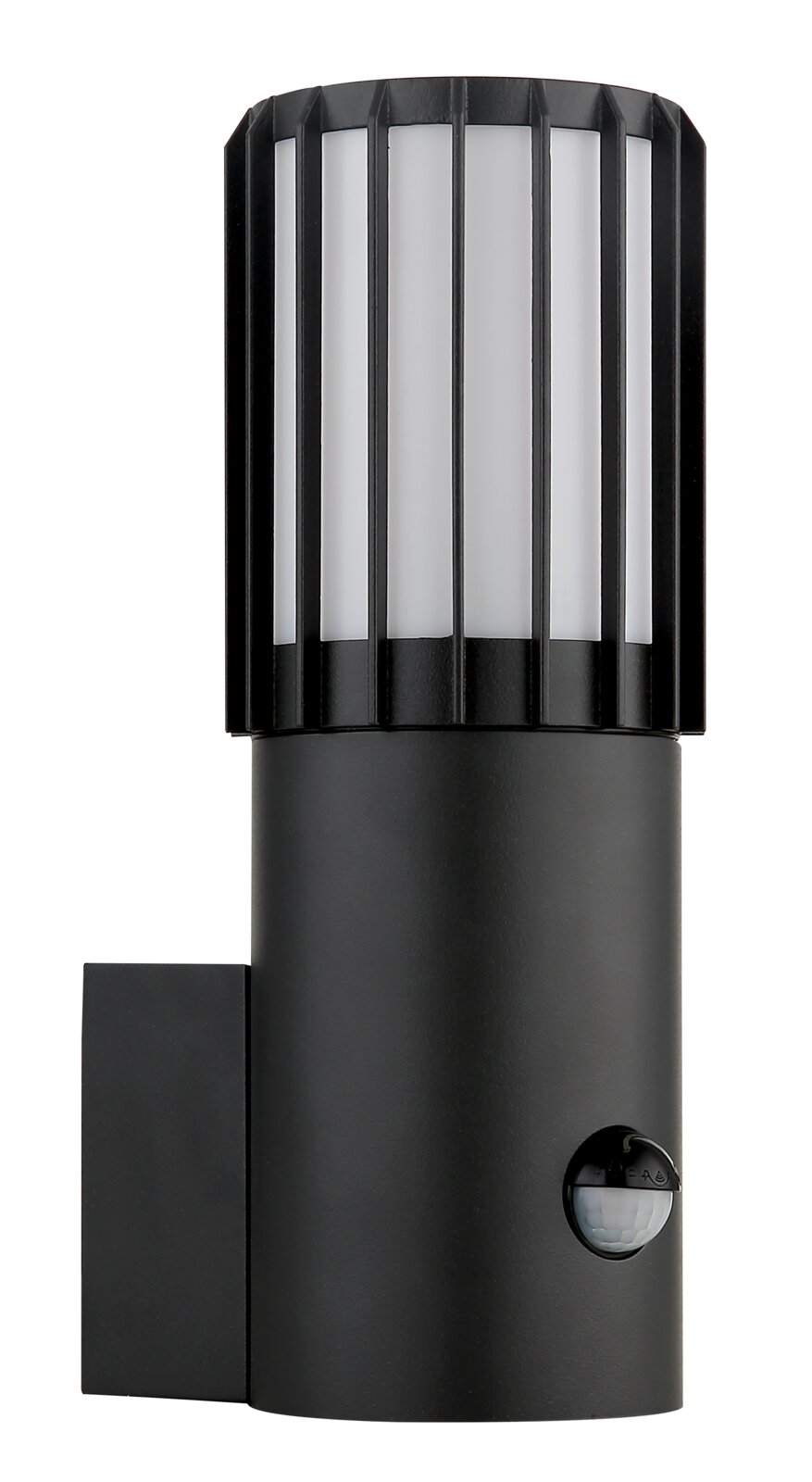 Zwarte buitenwandlamp met cilindrische lichtverspreider en beschermrooster, met ingebouwde bewegingsmelder, vooraanzicht van het product