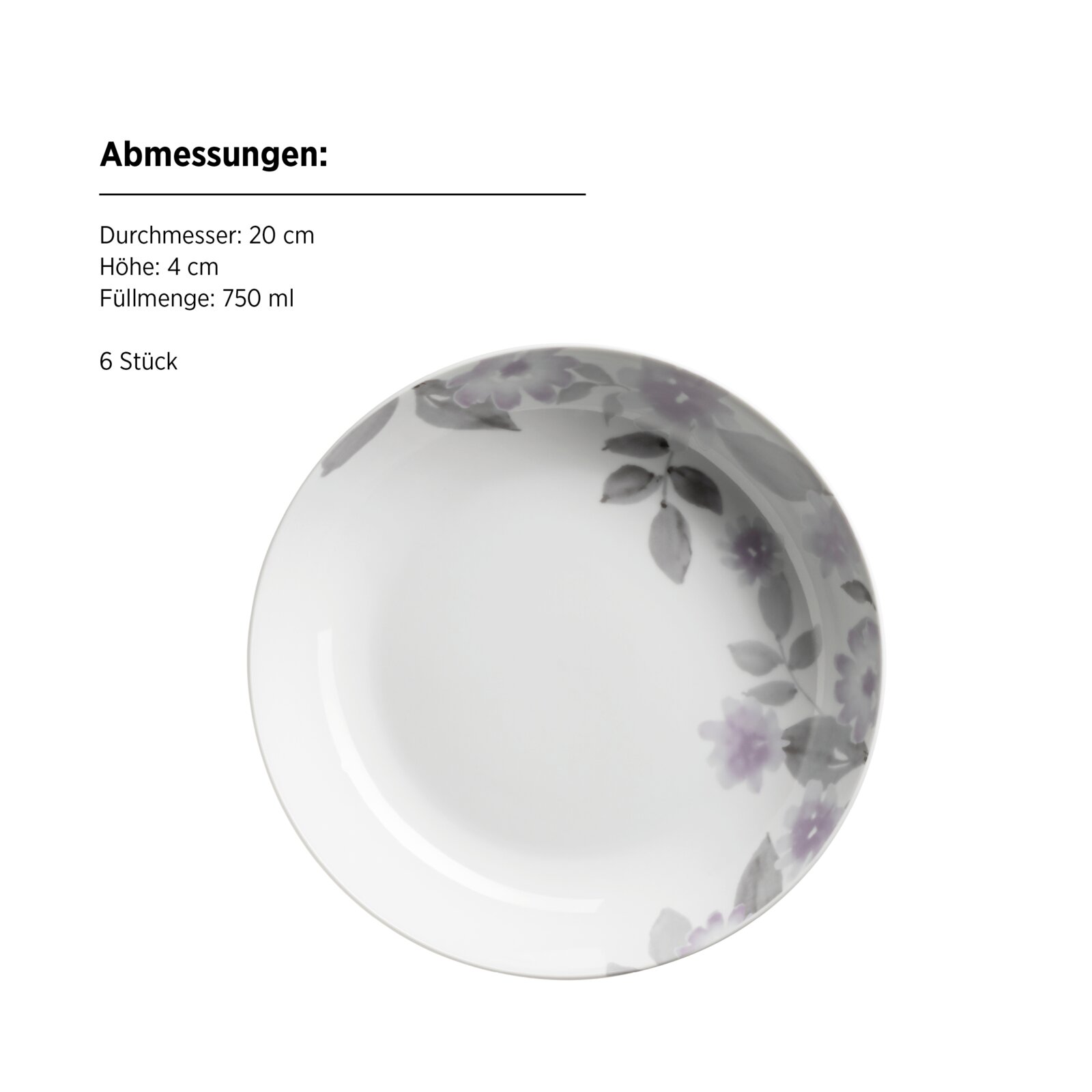 Runde weiße Schale/Servierschüssel mit floralem Muster in Grau und Lila, Draufsicht leicht schräg von oben; Ø 20 cm, Höhe 4 cm, 750 ml, 6 Stück