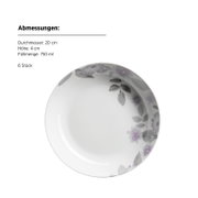 Runde weiße Schale/Servierschüssel mit floralem Muster in Grau und Lila, Draufsicht leicht schräg von oben; Ø 20 cm, Höhe 4 cm, 750 ml, 6 Stück