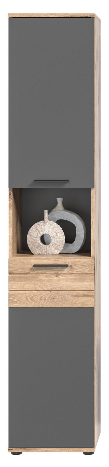 Moderner Hochschrank in Holzoptik mit grauen Türen, dekoriert mit Keramikvasen, Frontalansicht.