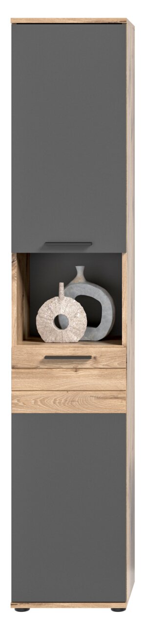 Moderner Hochschrank in Holzoptik mit grauen Türen, dekoriert mit Keramikvasen, Frontalansicht.