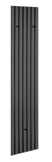 Schmale Wandgarderobe in dunklem Holzdesign mit vertikalen Streifen und Haken, seitliche Perspektive