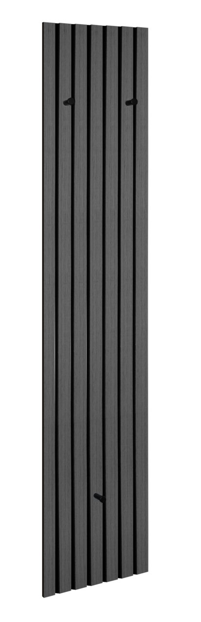Schmale Wandgarderobe in dunklem Holzdesign mit vertikalen Streifen und Haken, seitliche Perspektive