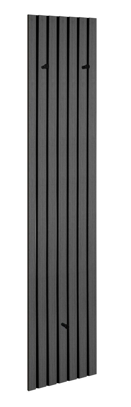 Schmale Wandgarderobe in dunklem Holzdesign mit vertikalen Streifen und Haken, seitliche Perspektive