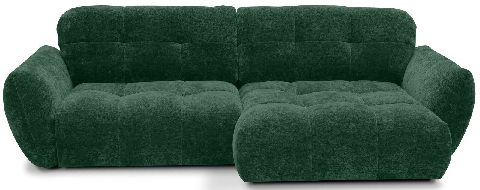 Grünes, modernes Ecksofa mit weicher Polsterung, frontal betrachtet.