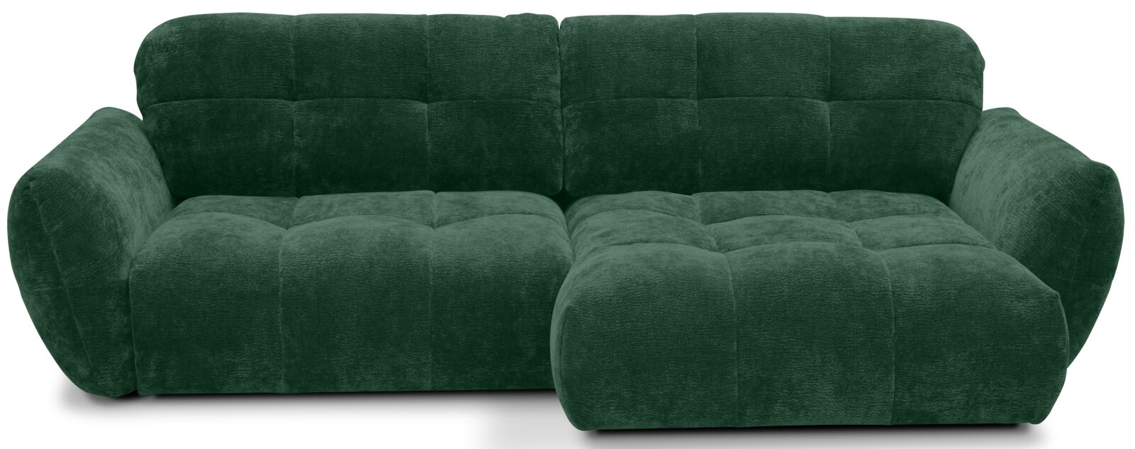 Groene, moderne hoekbank met zachte bekleding, gezien vanaf de voorkant.