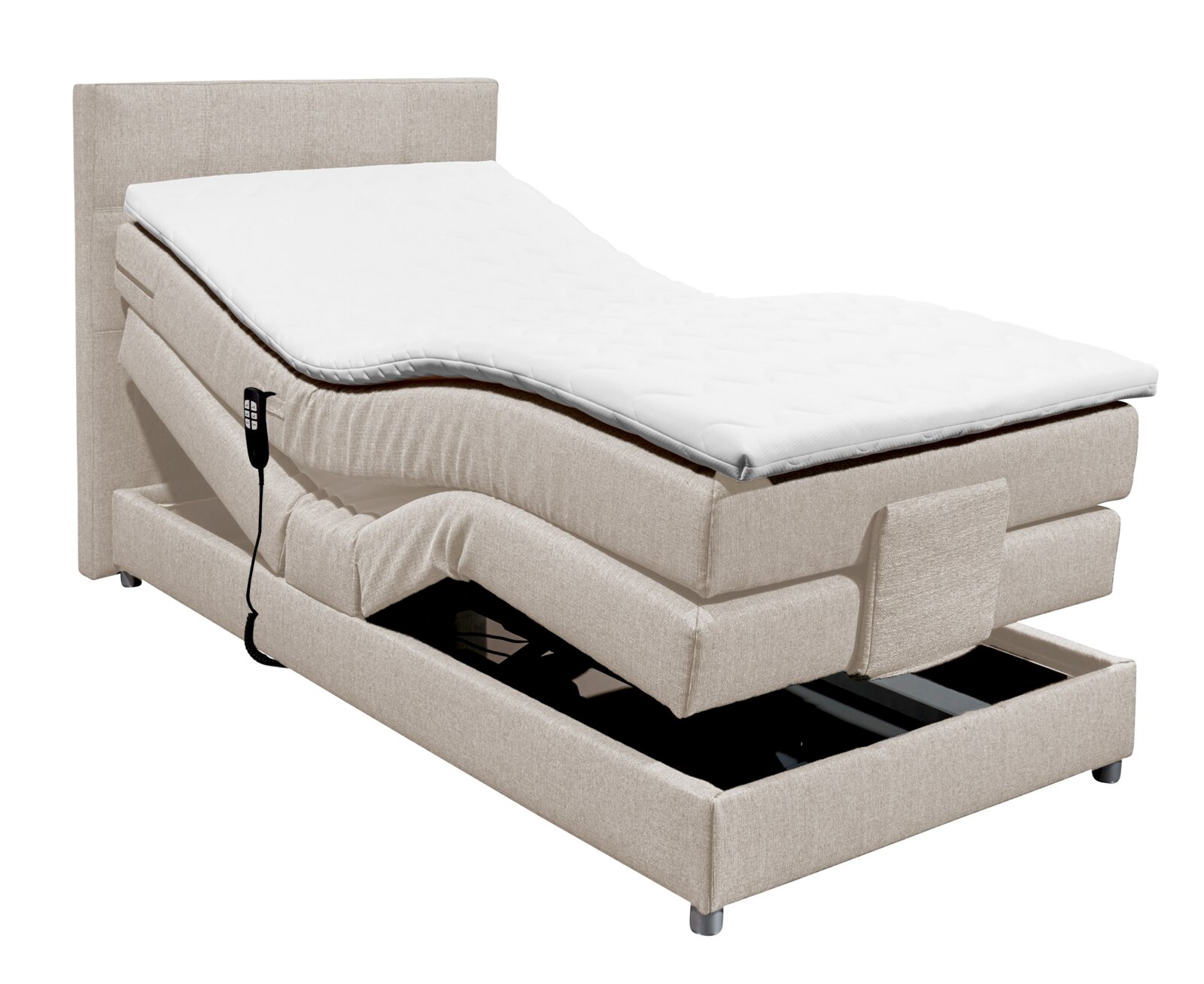 Beiges Boxspringbett mit verstellbarer Matratze und Fernbedienung, seitliche Perspektive