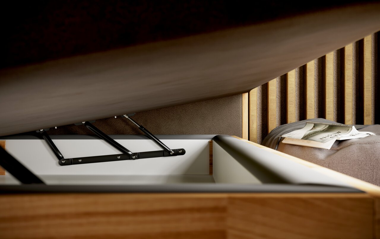 Nahaufnahme eines Boxspringbetts mit geöffneter Bettkastenfunktion, seitliche Perspektive