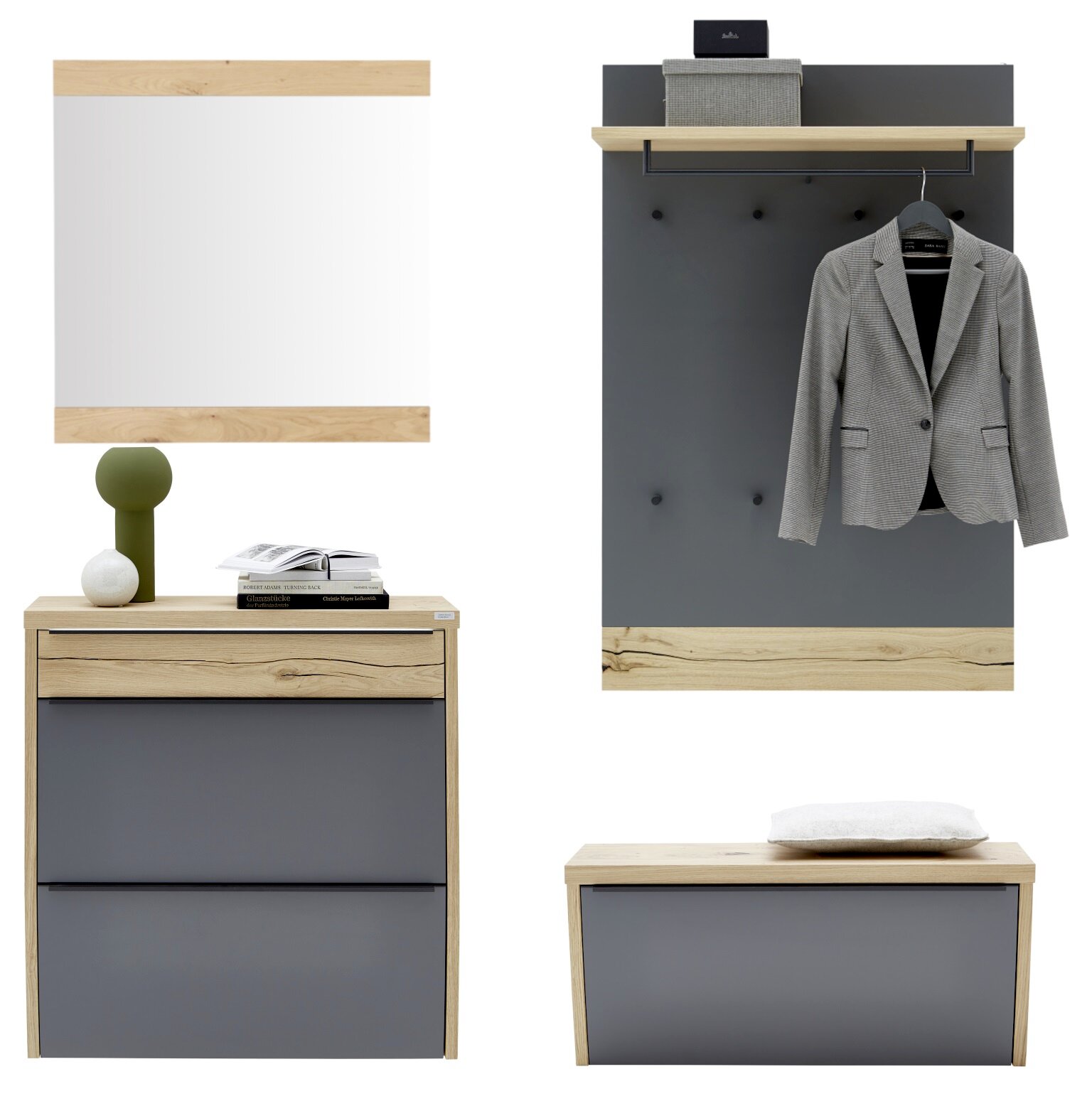 Dieter Knoll Garderoben-Set 4-tlg. ARCO TREND Modernes Garderoben-Set in Anthrazit und Eicheoptik mit Wandpaneel samt Hutablage und Kleiderstange, Schuhschrank und Sitzbank, frontal aus der Vorderansicht dargestellt.