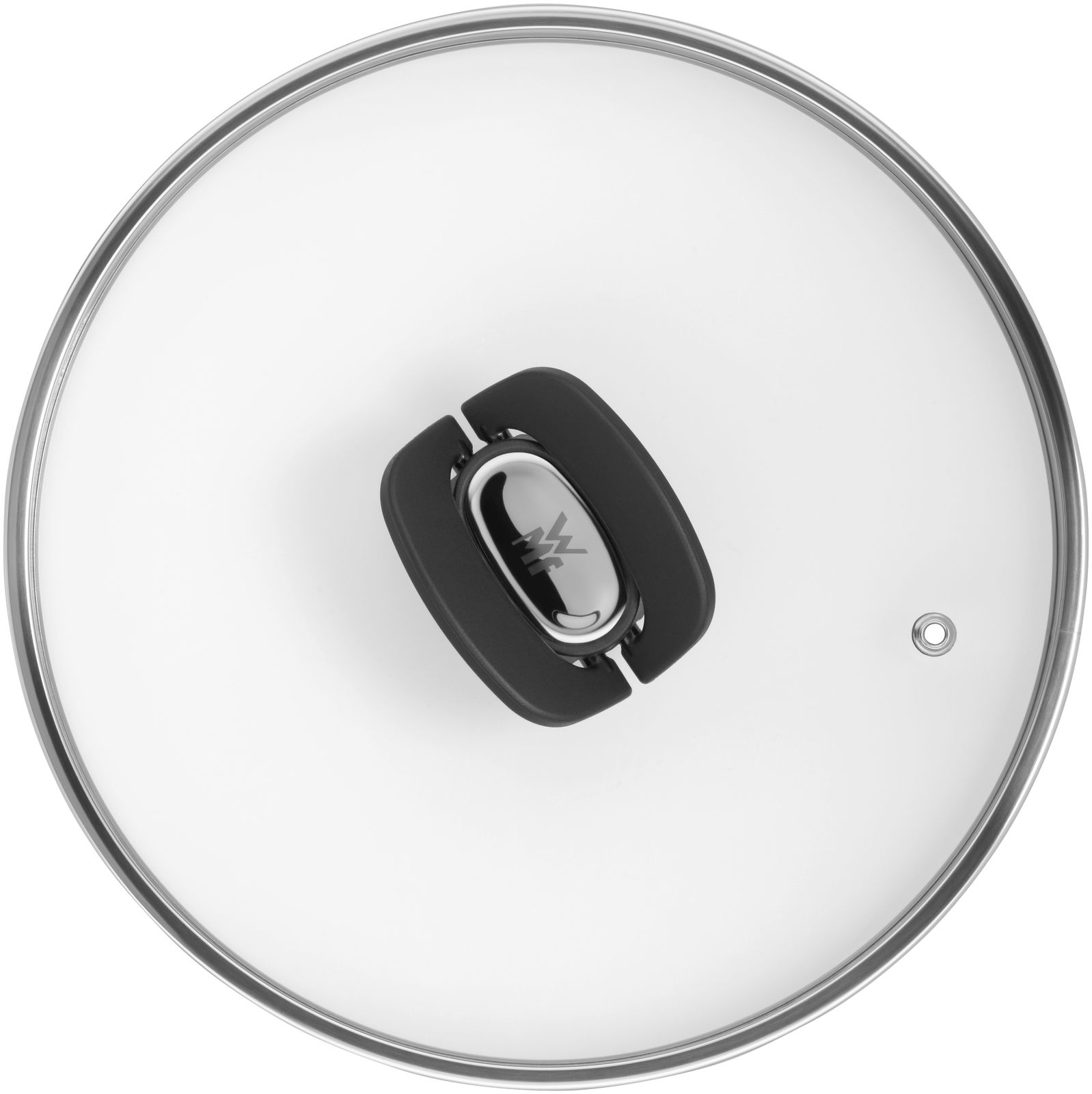 Topfdeckel von oben mit schwarzem Griff und Glasdesign
