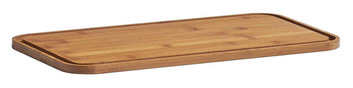 Rechteckiges Bambusbrett aus der Vogelperspektive, verwendet als Brotkastenabdeckung.