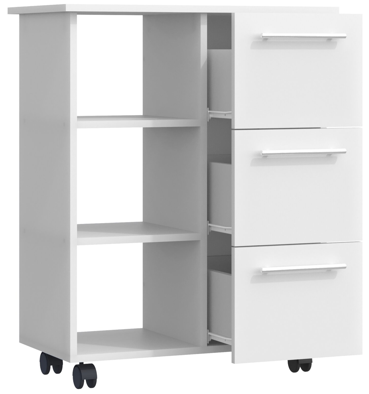 VCM Küchenwagen ESILO Weißer Rollcontainer/Beistellschrank mit offenen Regalfächern links und drei Schubladen mit Metallgriffen rechts, auf Rollen; Ansicht schräg von vorn (Front-/Seitenperspektive).