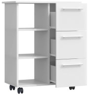 Weißer Rollcontainer/Beistellschrank mit offenen Regalfächern links und drei Schubladen mit Metallgriffen rechts, auf Rollen; Ansicht schräg von vorn (Front-/Seitenperspektive).