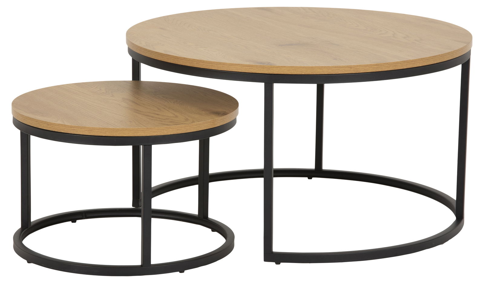 Zweier-Set Couchtische mit runden Holzplatten und schwarzen Metallgestellen, seitliche Perspektive