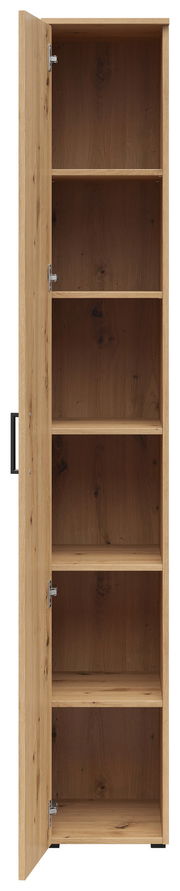 Geöffneter Mehrzweckschrank aus Holz mit fünf Regalböden, frontal betrachtet.