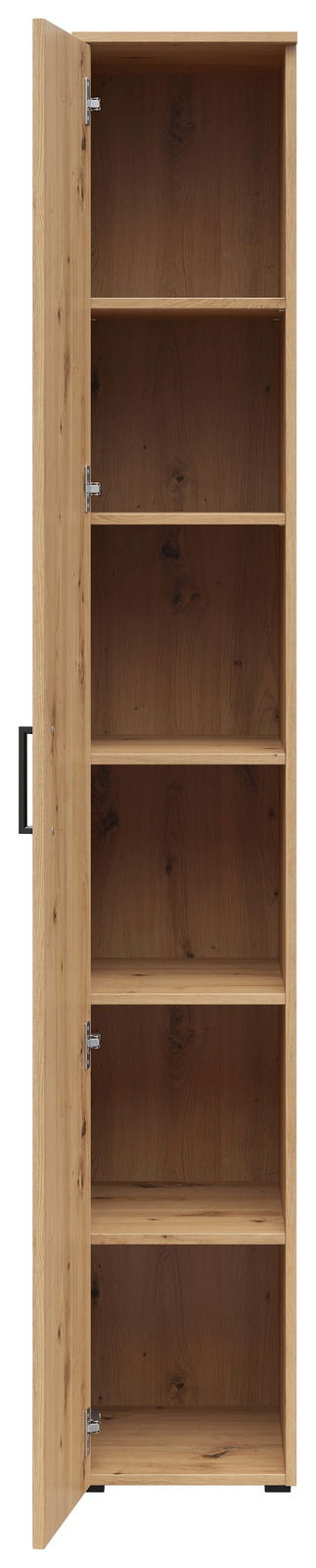 Geöffneter Mehrzweckschrank aus Holz mit fünf Regalböden, frontal betrachtet.