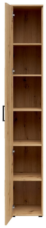 Geöffneter Mehrzweckschrank aus Holz mit fünf Regalböden, frontal betrachtet.