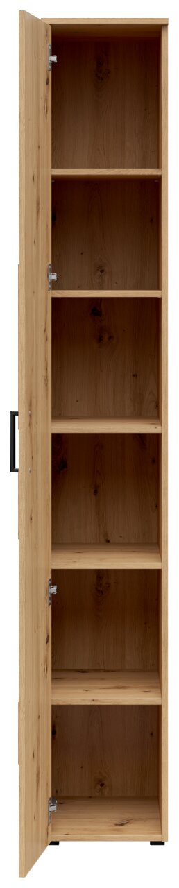 Geöffneter Mehrzweckschrank aus Holz mit fünf Regalböden, frontal betrachtet.