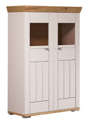 Hochschrank mit zwei Türen, weiß mit Holzdetails, seitliche Perspektive