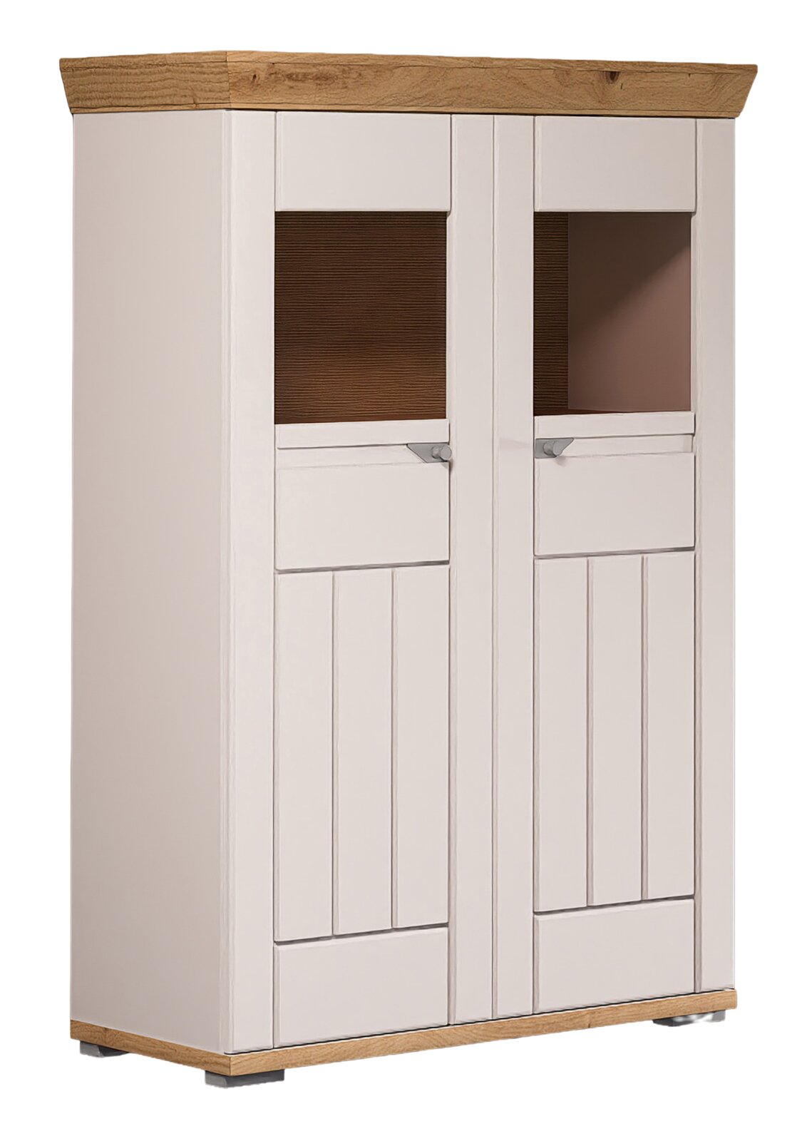 Hochschrank mit zwei Türen, weiß mit Holzdetails, seitliche Perspektive