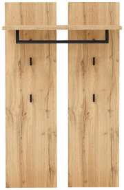 Frontale Ansicht eines Garderobenpaneels aus Holz mit schwarzer Kleiderstange und Ablage.