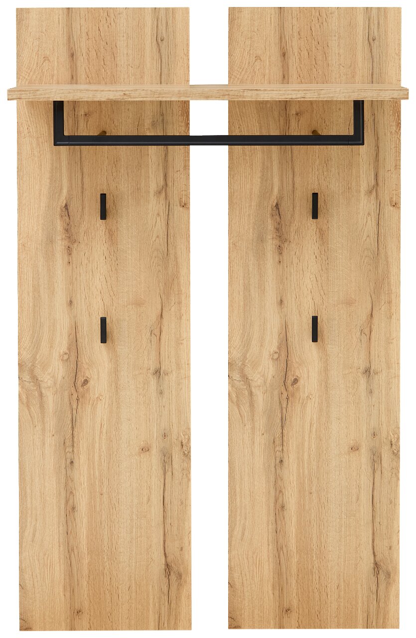 Frontale Ansicht eines Garderobenpaneels aus Holz mit schwarzer Kleiderstange und Ablage.