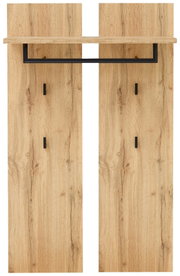 Frontale Ansicht eines Garderobenpaneels aus Holz mit schwarzer Kleiderstange und Ablage.