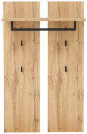 Frontale Ansicht eines Garderobenpaneels aus Holz mit schwarzer Kleiderstange und Ablage.